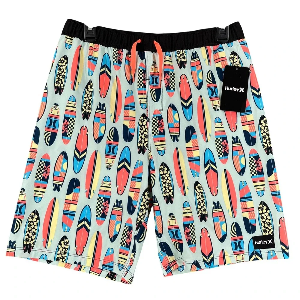 Hurley Board Shorts Boys XXL Surfboard Print Drawstring Swim Trunks Beachwear